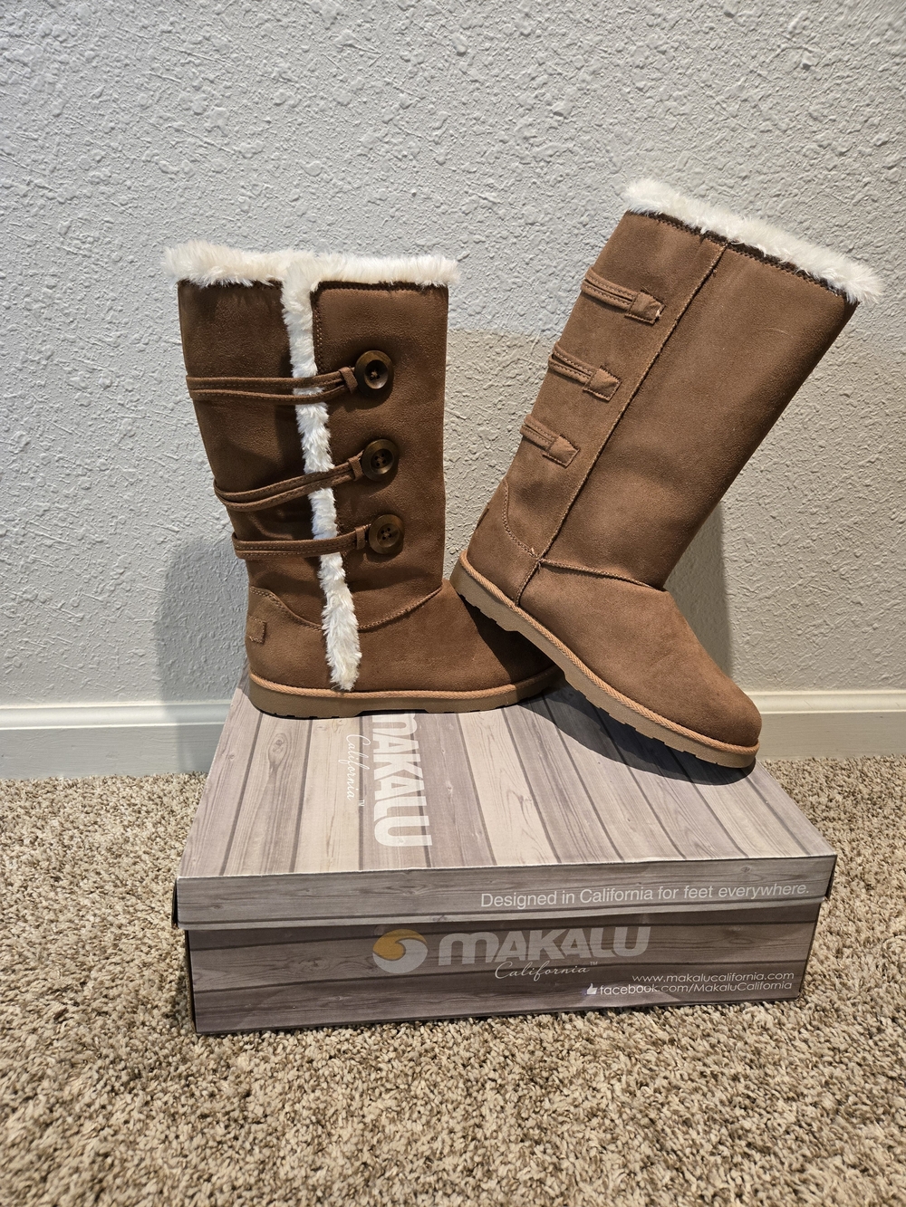 Makalu Women’s Chestnut Faux-Suede Knee Boots with Faux-Fur Trim